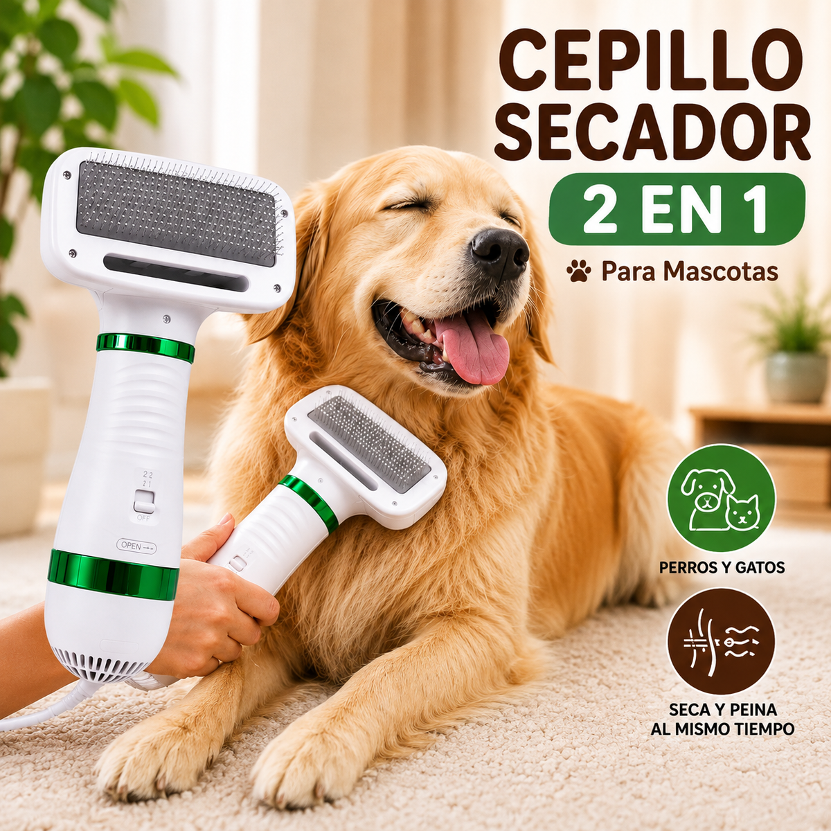 Cepillo Secador 2 en 1 para Mascotas