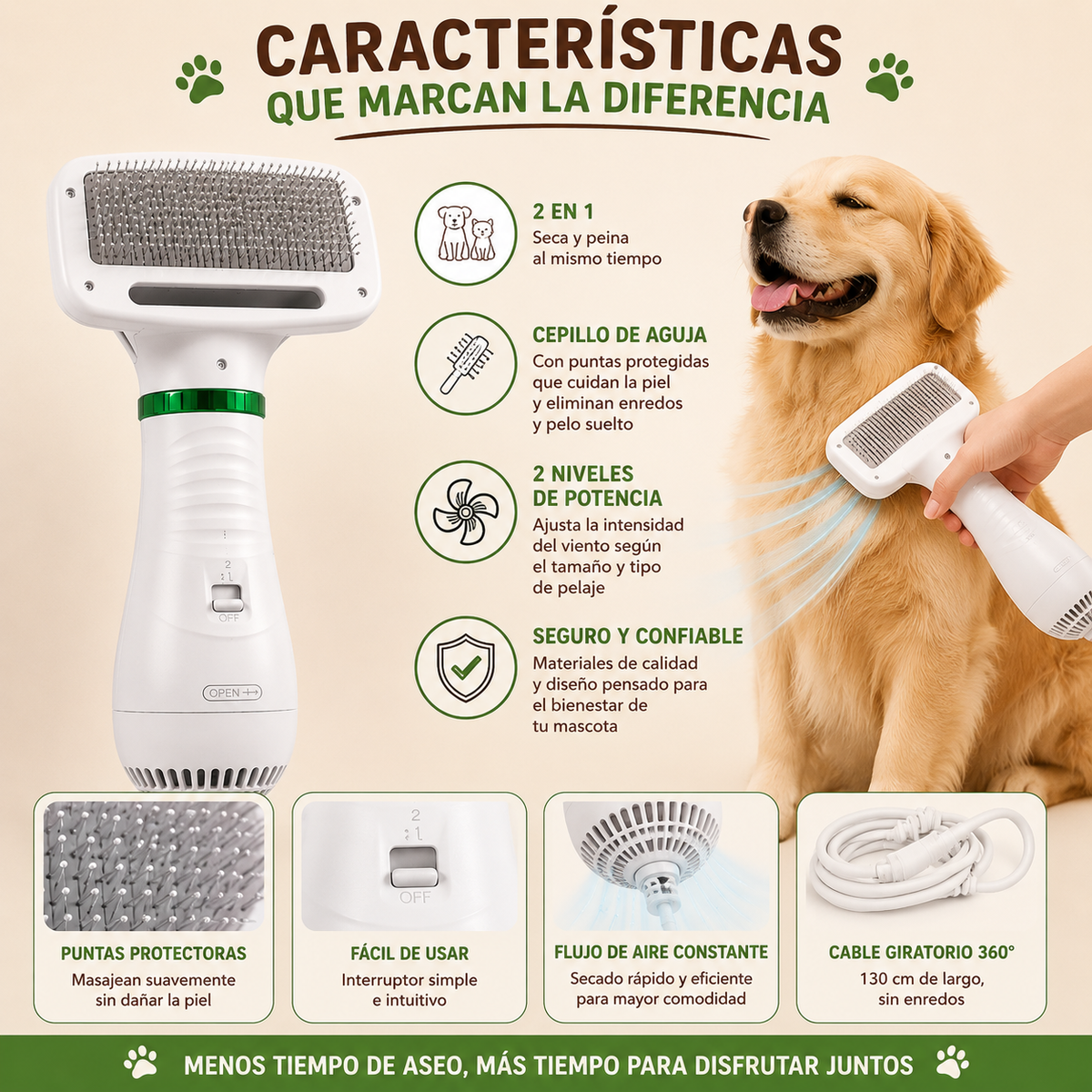 Cepillo Secador 2 en 1 para Mascotas